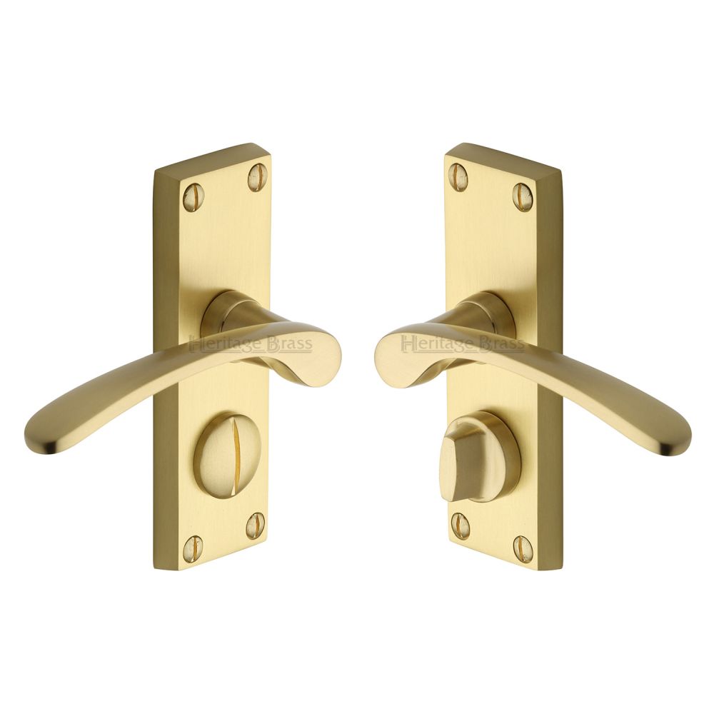 This is an image of a Heritage Brass - Door Handle for Privacy Set Sophia Short Design Satin Brass Fini, v4144-sb that is available to order from T.H Wiggans Ironmongery in Kendal.