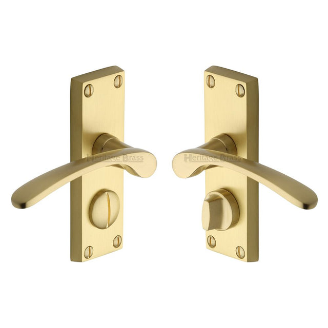 This is an image of a Heritage Brass - Door Handle for Privacy Set Sophia Short Design Satin Brass Fini, v4144-sb that is available to order from T.H Wiggans Ironmongery in Kendal.