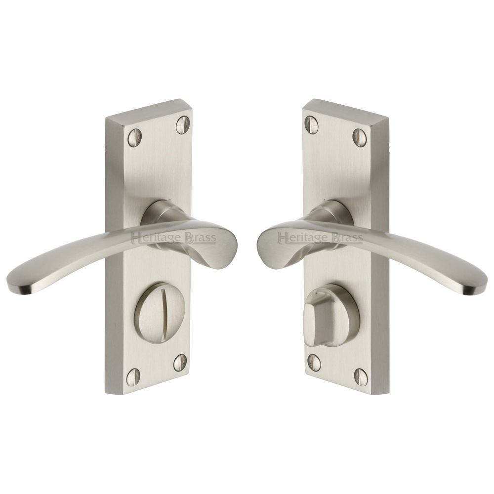 This is an image of a Heritage Brass - Door Handle for Privacy Set Sophia Short Design Satin Nickel Fin, v4144-sn that is available to order from T.H Wiggans Ironmongery in Kendal.