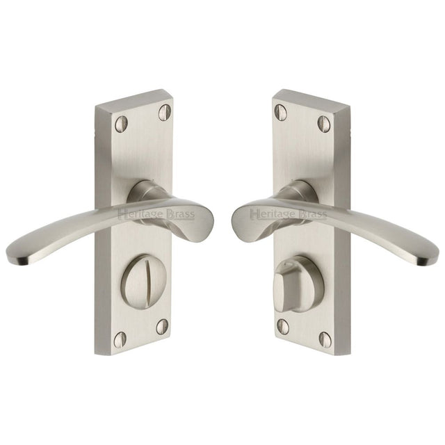 This is an image of a Heritage Brass - Door Handle for Privacy Set Sophia Short Design Satin Nickel Fin, v4144-sn that is available to order from T.H Wiggans Ironmongery in Kendal.