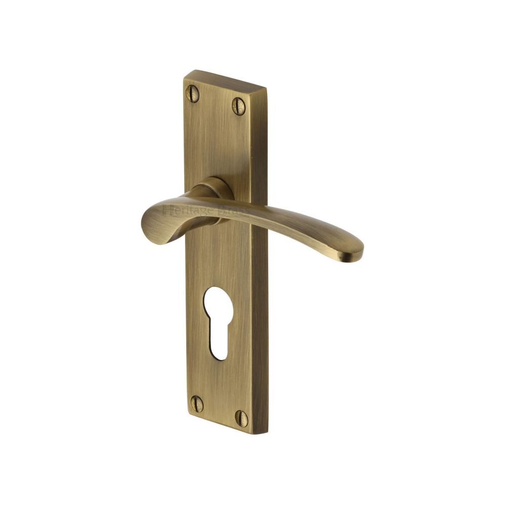 This is an image of a Heritage Brass - Door Handle for Euro Profile Plate Sophia Design Antique Brass Fin, v4146-48-at that is available to order from T.H Wiggans Ironmongery in Kendal.