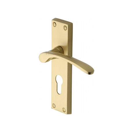 This is an image of a Heritage Brass - Door Handle for Euro Profile Plate Sophia Design Satin Brass Fin, v4146-48-sb that is available to order from T.H Wiggans Ironmongery in Kendal.