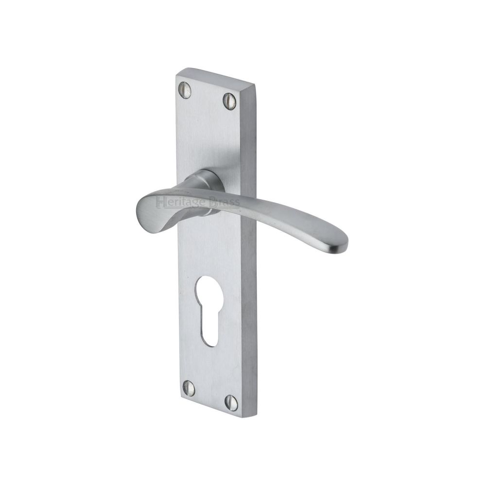 This is an image of a Heritage Brass - Door Handle for Euro Profile Plate Sophia Design Satin Chrome Fi, v4146-48-sc that is available to order from T.H Wiggans Ironmongery in Kendal.