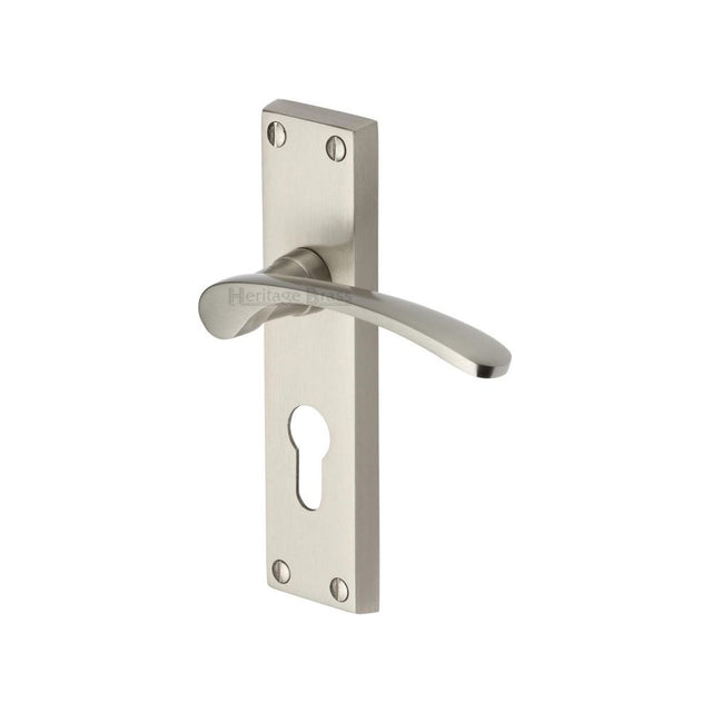 This is an image of a Heritage Brass - Door Handle for Euro Profile Plate Sophia Design Satin Nickel Fi, v4146-48-sn that is available to order from T.H Wiggans Ironmongery in Kendal.