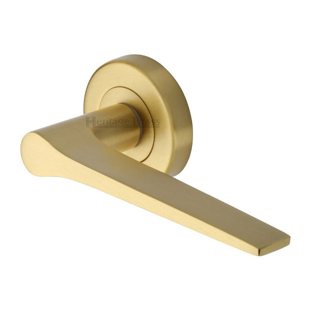 This is an image of a Heritage Brass - Door Handle Lever on Rose Gio Design Satin Brass Finish, v4189-sb that is available to order from T.H Wiggans Ironmongery in Kendal.