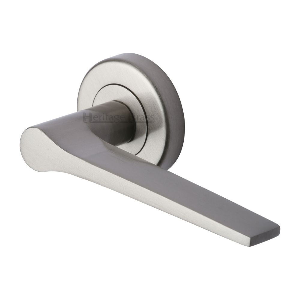 This is an image of a Heritage Brass - Door Handle Lever on Rose Gio Design Satin Nickel Finish, v4189-sn that is available to order from T.H Wiggans Ironmongery in Kendal.
