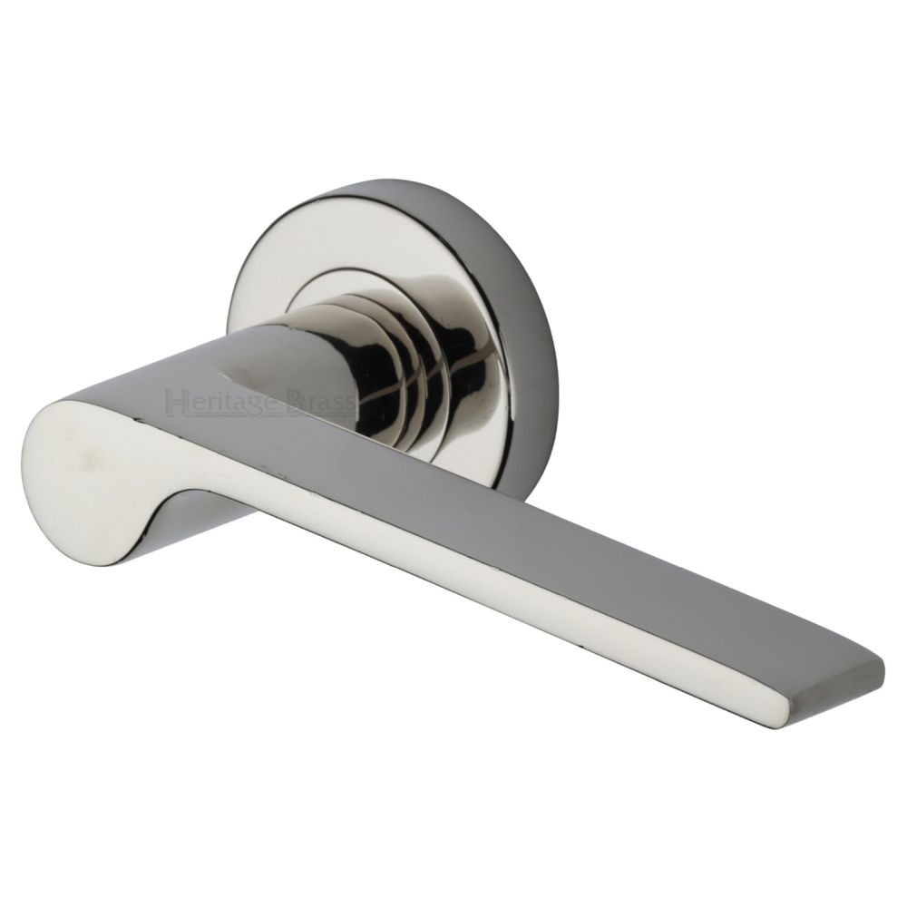 This is an image of a Heritage Brass - Door Handle Lever Latch on Round Rose Julia Design Polished Nickel, v4190-pnf that is available to order from T.H Wiggans Ironmongery in Kendal.