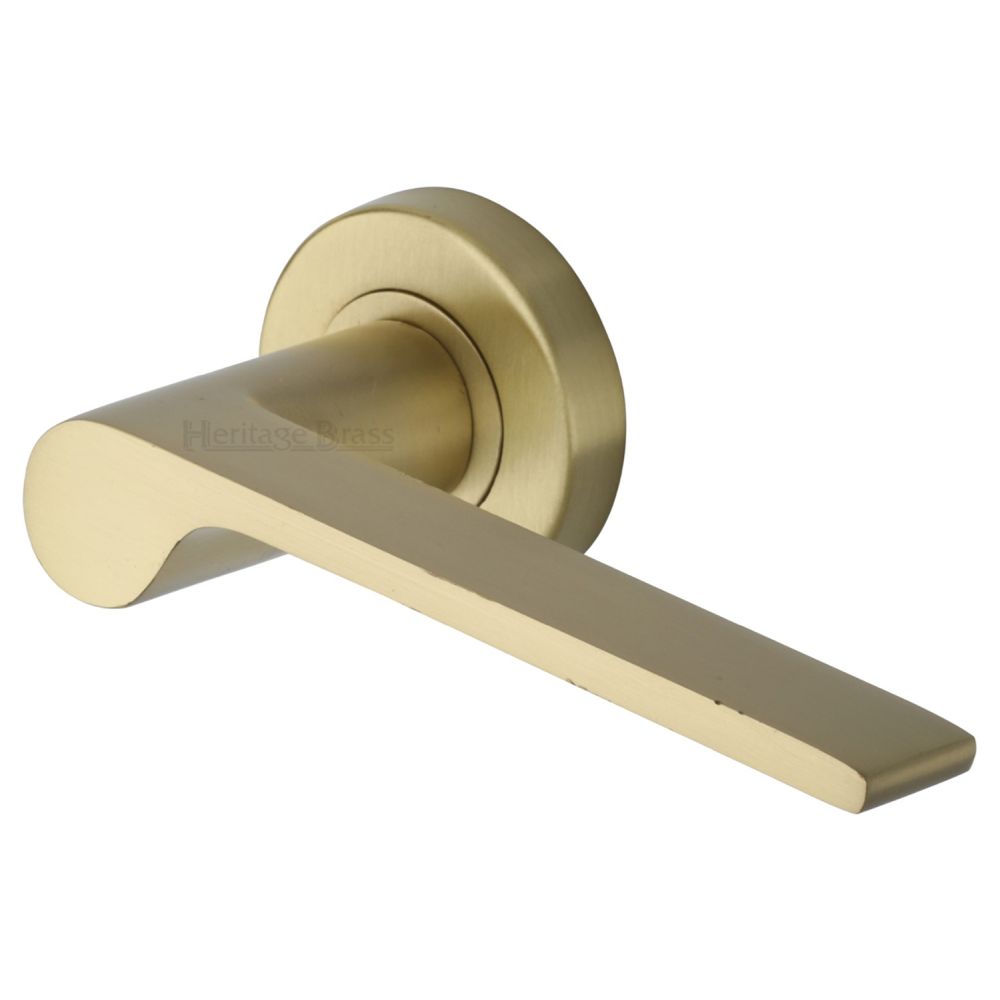 This is an image of a Heritage Brass - Door Handle Lever Latch on Round Rose Julia Design Satin Brass F, v4190-sb that is available to order from T.H Wiggans Ironmongery in Kendal.