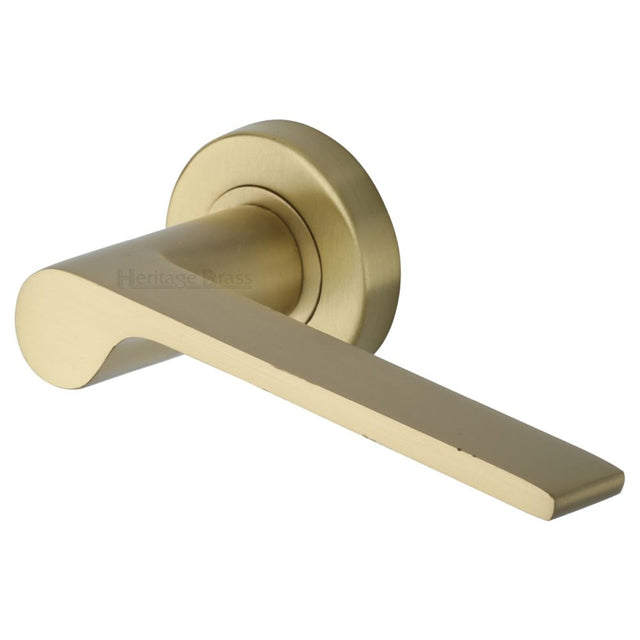 This is an image of a Heritage Brass - Door Handle Lever Latch on Round Rose Julia Design Satin Brass F, v4190-sb that is available to order from T.H Wiggans Ironmongery in Kendal.