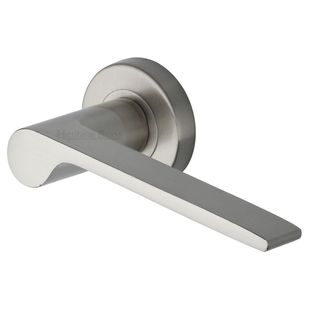 This is an image of a Heritage Brass - Door Handle Lever Latch on Round Rose Julia Design Satin Nickel, v4190-sn that is available to order from T.H Wiggans Ironmongery in Kendal.