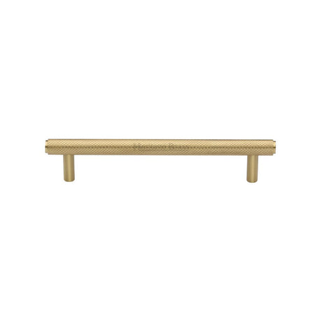 This is an image of a Heritage Brass - Cabinet Pull Knurled Design 128mm CTC Satin Brass Finish, v4458-128-sb that is available to order from T.H Wiggans Ironmongery in Kendal.