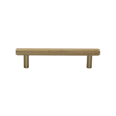 This is an image of a Heritage Brass - Cabinet Pull Knurled Design 96mm CTC Satin Brass Finish, v4458-96-sb that is available to order from T.H Wiggans Ironmongery in Kendal.
