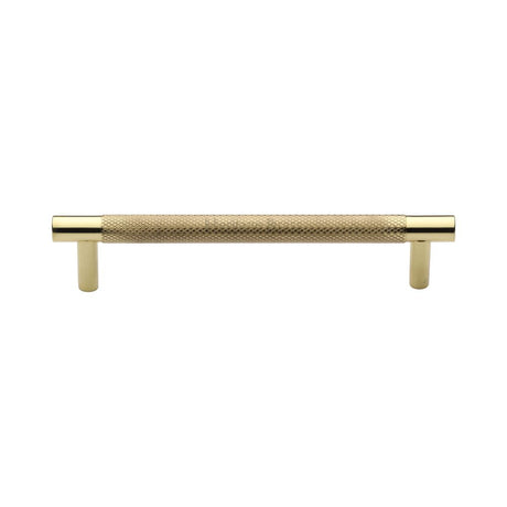 This is an image of a Heritage Brass - Cabinet Pull Partial Knurled Design 128mm CTC Polished Brass Finish, v4461-128-pb that is available to order from T.H Wiggans Ironmongery in Kendal.