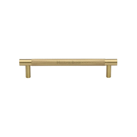 This is an image of a Heritage Brass - Cabinet Pull Partial Knurled Design 128mm CTC Satin Brass Finish, v4461-128-sb that is available to order from T.H Wiggans Ironmongery in Kendal.