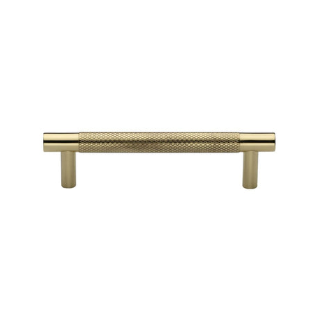 This is an image of a Heritage Brass - Cabinet Pull Partial Knurled Design 96mm CTC Polished Brass Finish, v4461-96-pb that is available to order from T.H Wiggans Ironmongery in Kendal.