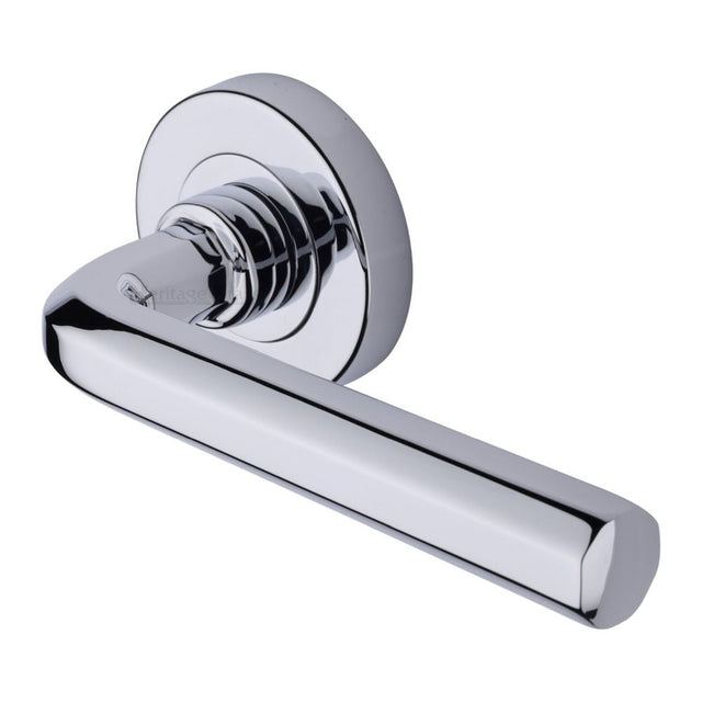 This is an image of a Heritage Brass - Door Handle Lever Latch on Round Rose Octave Design Polished Chrome, v4545-pc that is available to order from T.H Wiggans Ironmongery in Kendal.