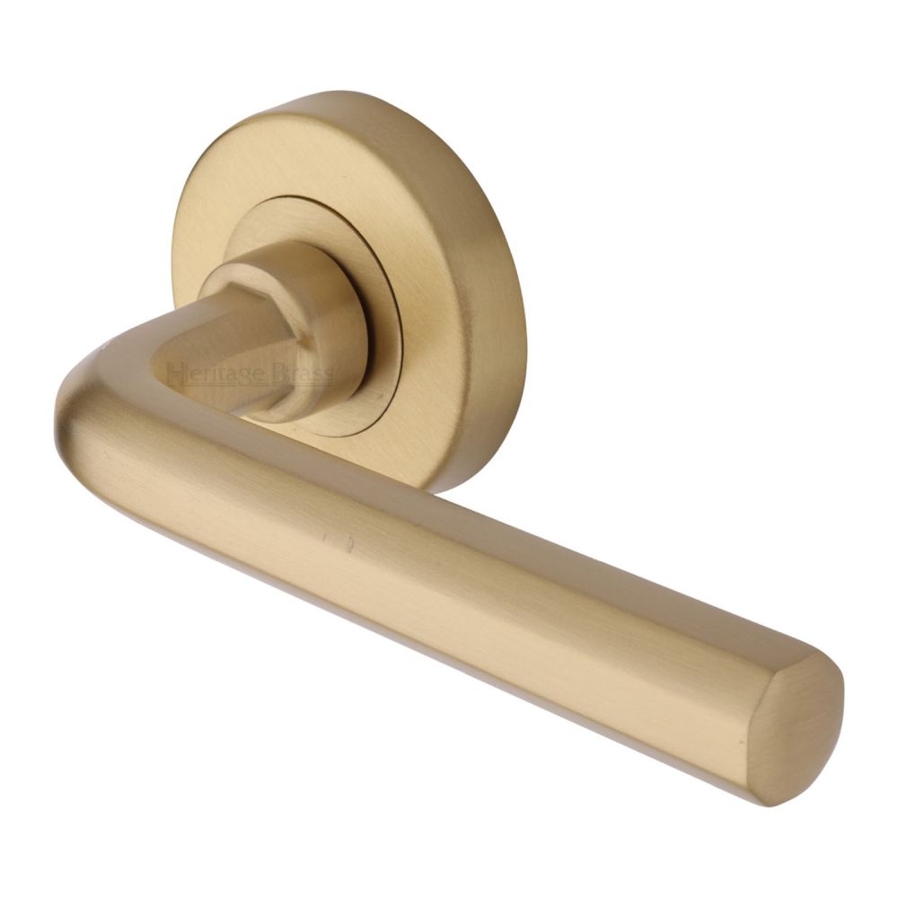 This is an image of a Heritage Brass - Door Handle Lever Latch on Round Rose Octave Design Satin Brass, v4545-sb that is available to order from T.H Wiggans Ironmongery in Kendal.