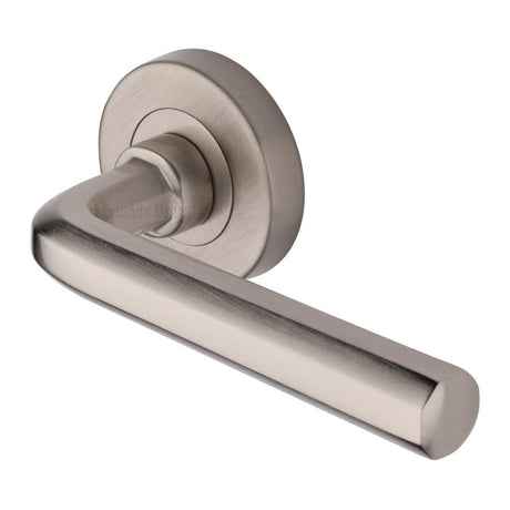 This is an image of a Heritage Brass - Door Handle Lever Latch on Round Rose Octave Design Satin Nickel, v4545-sn that is available to order from T.H Wiggans Ironmongery in Kendal.