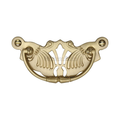 This is an image of a Heritage Brass - Cabinet Pull Ornate Plate Design Satin Brass Finish, v5021-sb that is available to order from T.H Wiggans Ironmongery in Kendal.