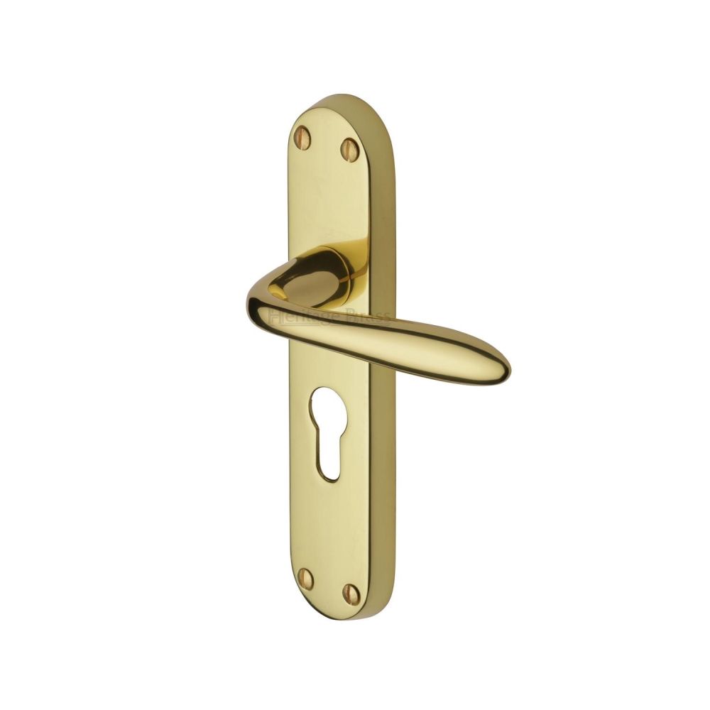 This is an image of a Heritage Brass - Door Handle for Euro Profile Plate Sutton Design Polished Brass Fin, v6057-pb that is available to order from T.H Wiggans Ironmongery in Kendal.