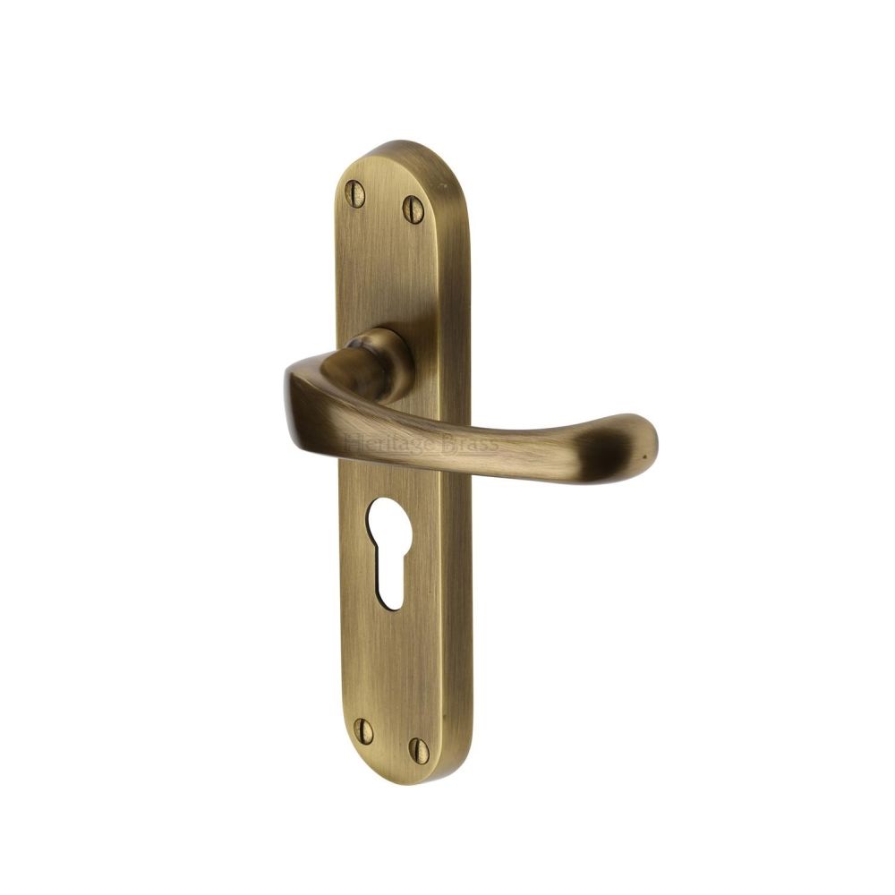 This is an image of a Heritage Brass - Door Handle for Euro Profile Plate Gloucester Design Antique Brass, v6066-48-at that is available to order from T.H Wiggans Ironmongery in Kendal.