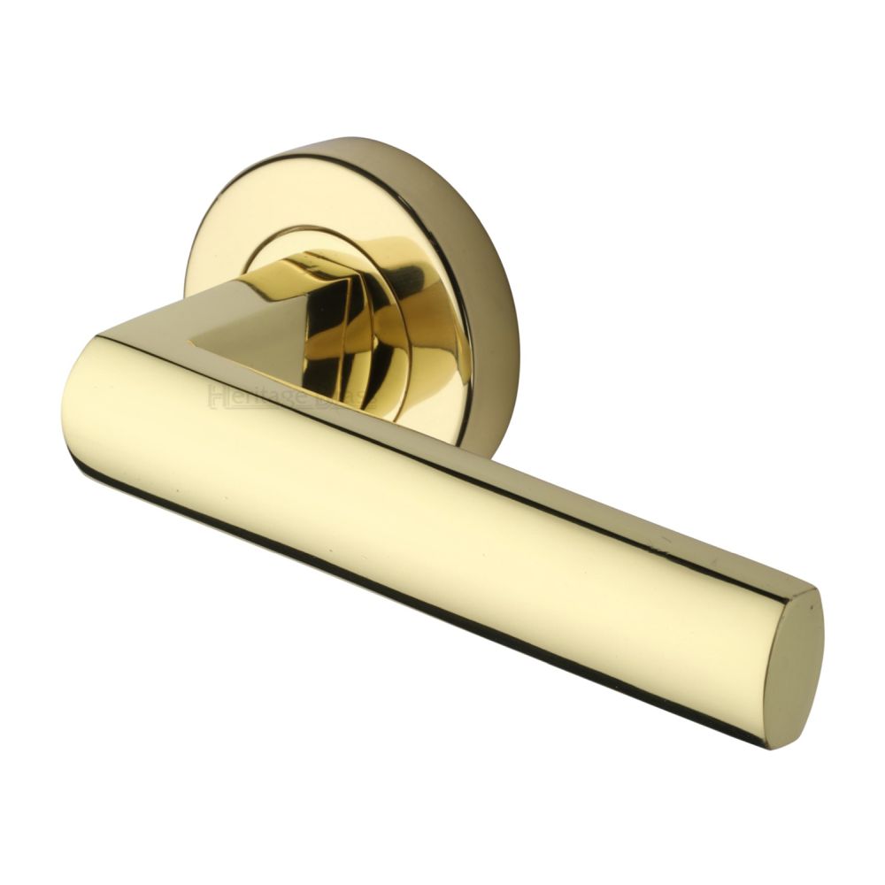 This is an image of a Heritage Brass - Door Handle Lever Latch on Round Rose Poseidon Design Polished Bras, v6230-pb that is available to order from T.H Wiggans Ironmongery in Kendal.