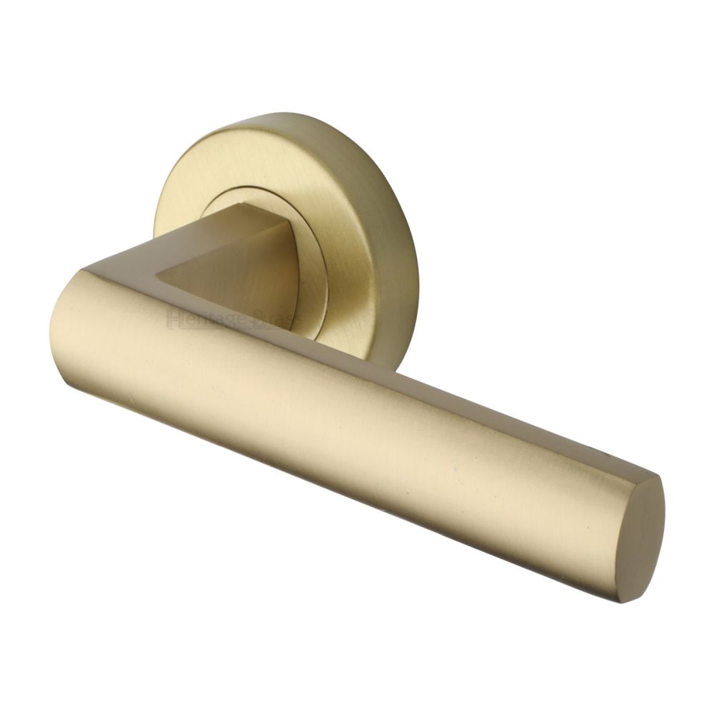 This is an image of a Heritage Brass - Door Handle Lever Latch on Round Rose Poseidon Design Satin Bras, v6230-sb that is available to order from T.H Wiggans Ironmongery in Kendal.