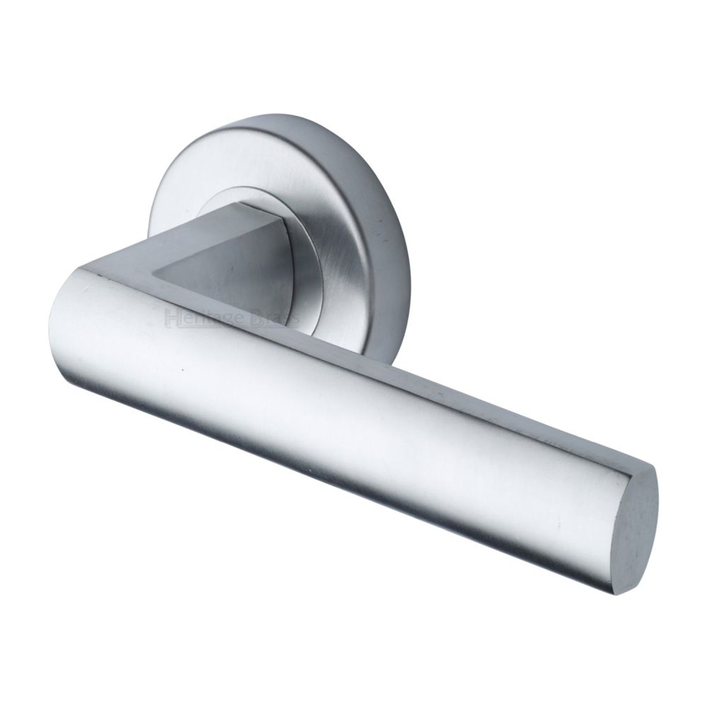 This is an image of a Heritage Brass - Door Handle Lever Latch on Round Rose Poseidon Design Satin Chro, v6230-sc that is available to order from T.H Wiggans Ironmongery in Kendal.