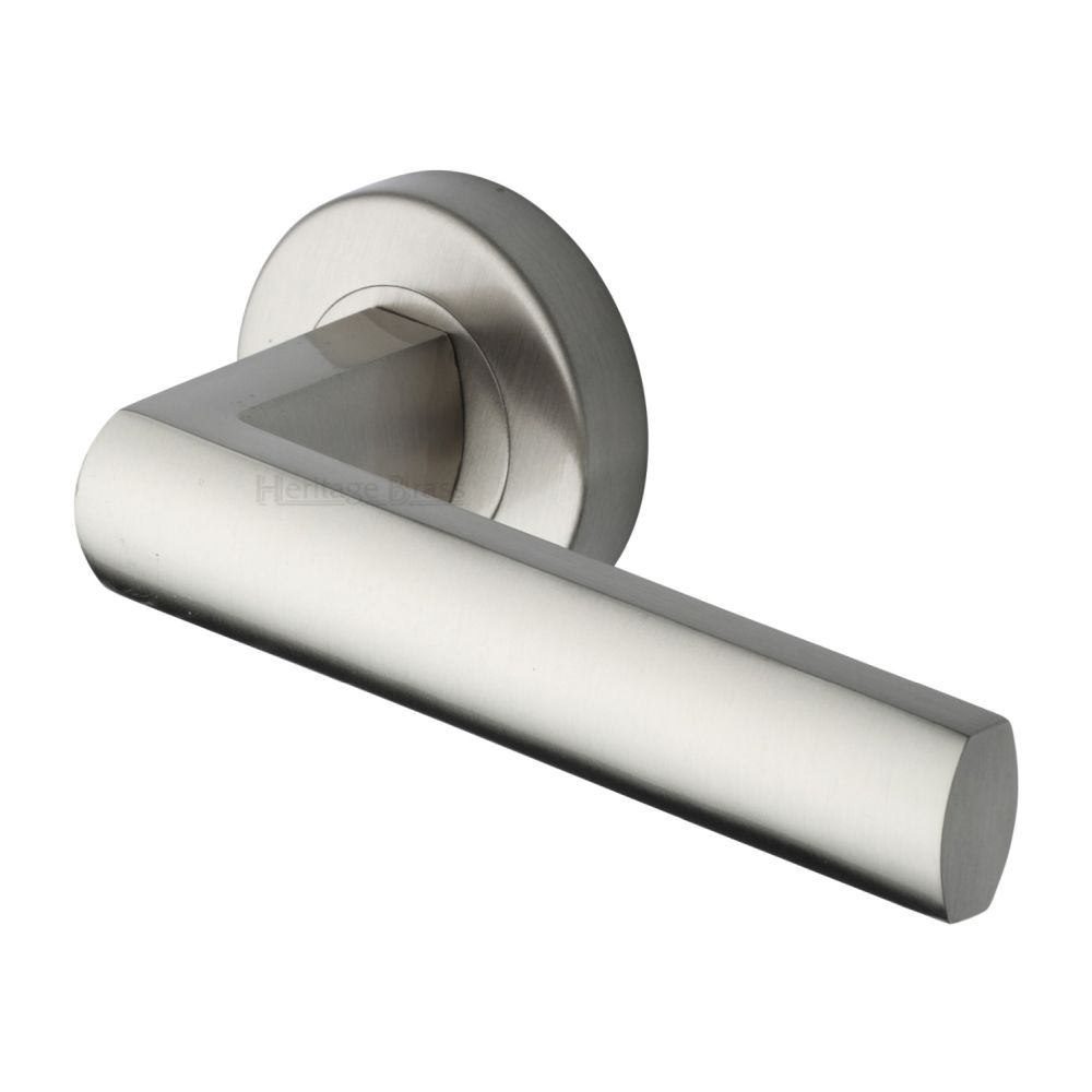 This is an image of a Heritage Brass - Door Handle Lever Latch on Round Rose Poseidon Design Satin Nick, v6230-sn that is available to order from T.H Wiggans Ironmongery in Kendal.