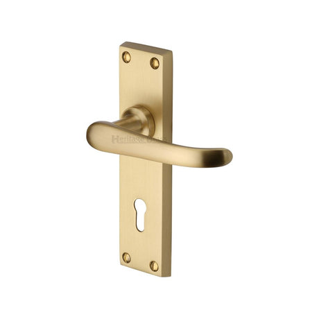 This is an image of a Heritage Brass - Door Handle Lever Lock Windsor Design Satin Brass Finish, v700-sb that is available to order from T.H Wiggans Ironmongery in Kendal.