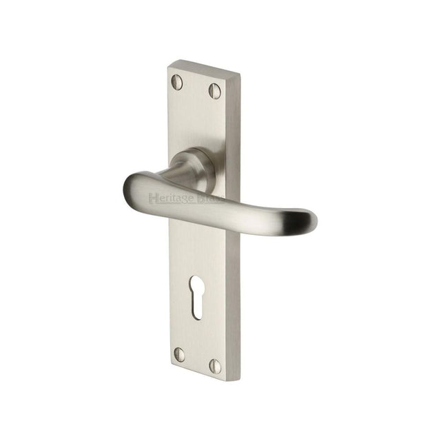 This is an image of a Heritage Brass - Door Handle Lever Lock Windsor Design Satin Nickel Finish, v700-sn that is available to order from T.H Wiggans Ironmongery in Kendal.