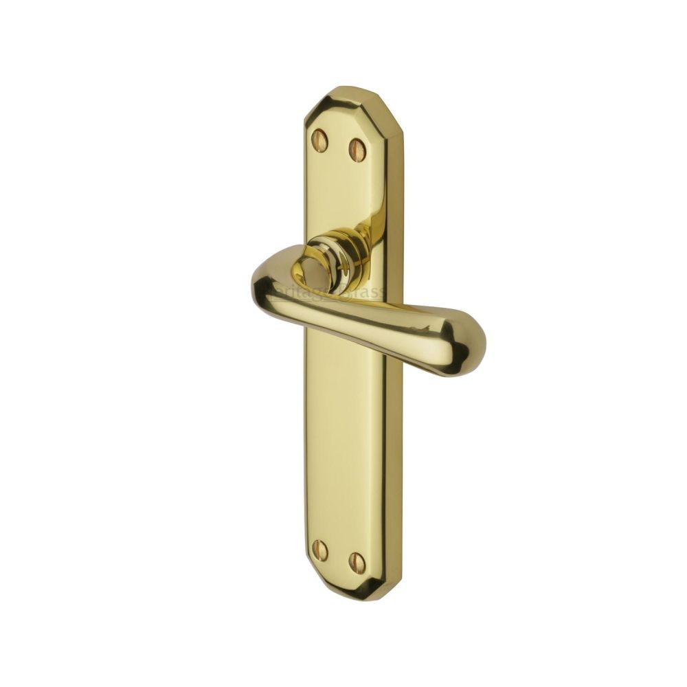 This is an image of a Heritage Brass - Door Handle Lever Latch Charlbury Design Polished Brass Finish, v7060-pb that is available to order from T.H Wiggans Ironmongery in Kendal.