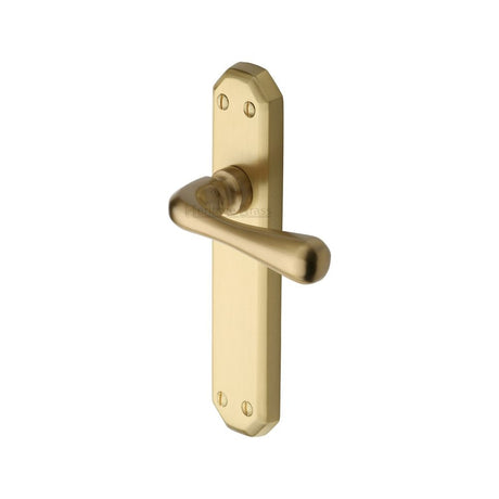 This is an image of a Heritage Brass - Door Handle Lever Latch Charlbury Design Satin Brass Finish, v7060-sb that is available to order from T.H Wiggans Ironmongery in Kendal.