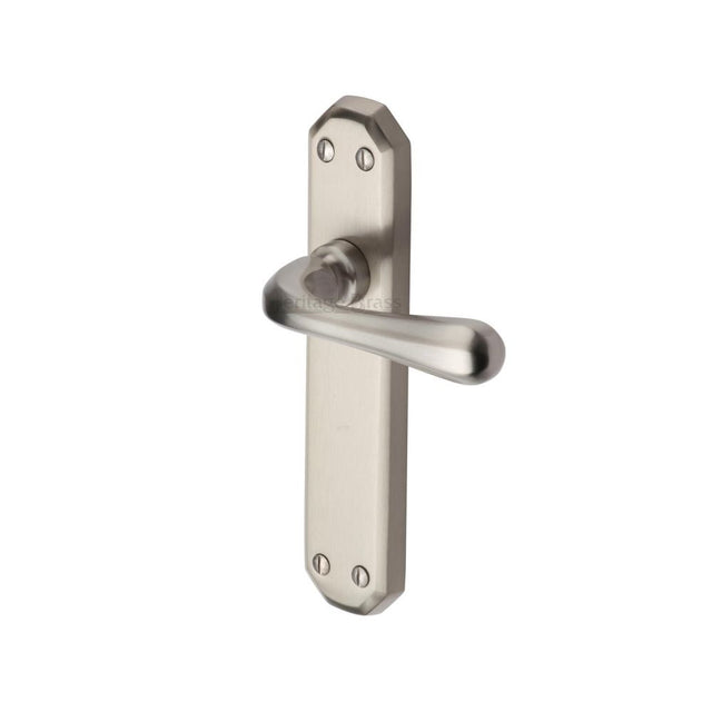 This is an image of a Heritage Brass - Door Handle Lever Latch Charlbury Design Satin Nickel Finish, v7060-sn that is available to order from T.H Wiggans Ironmongery in Kendal.