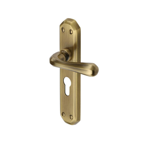 This is an image of a Heritage Brass - Door Handle for Euro Profile Plate Charlbury Design Antique Brass, v7066-48-at that is available to order from T.H Wiggans Ironmongery in Kendal.