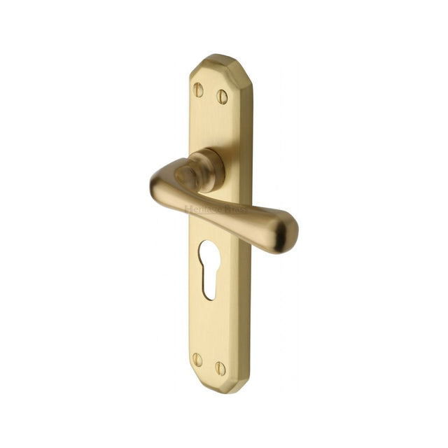 This is an image of a Heritage Brass - Door Handle Euro Profile Plate Charlbury Design Satin Brass Fini, v7066-48-sb that is available to order from T.H Wiggans Ironmongery in Kendal.