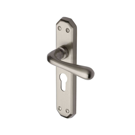 This is an image of a Heritage Brass - Door Handle for Euro Profile Plate Charlbury Design Satin Nickel, v7066-48-sn that is available to order from T.H Wiggans Ironmongery in Kendal.