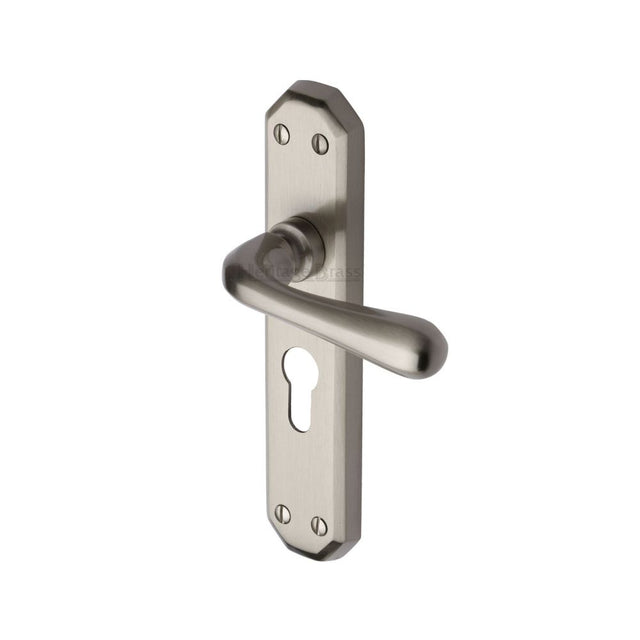 This is an image of a Heritage Brass - Door Handle for Euro Profile Plate Charlbury Design Satin Nickel, v7066-48-sn that is available to order from T.H Wiggans Ironmongery in Kendal.