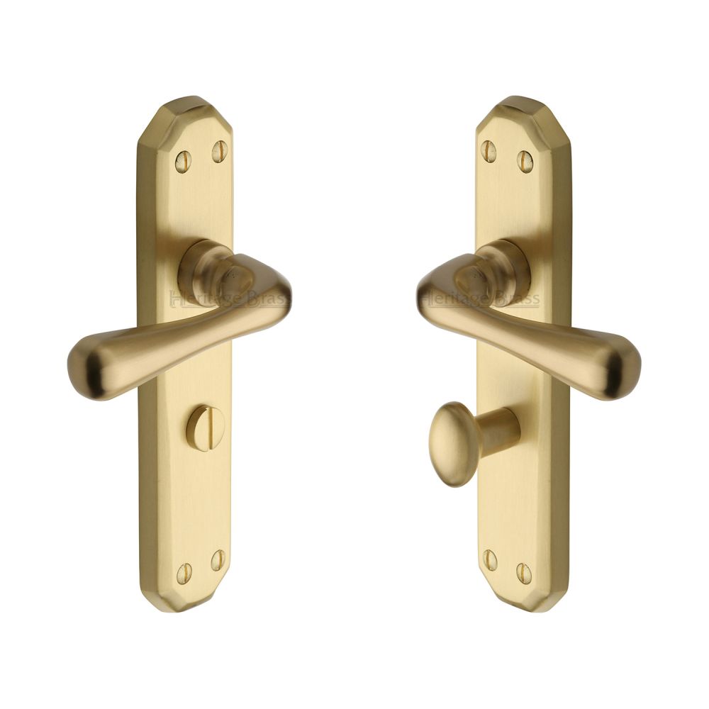 This is an image of a Heritage Brass - Door Handle Bathroom Set Charlbury Design Satin Brass Finish, v7070-sb that is available to order from T.H Wiggans Ironmongery in Kendal.