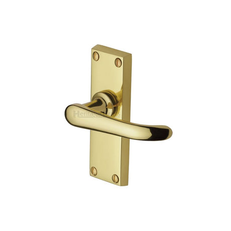 This is an image of a Heritage Brass - Door Handle Lever Latch Windsor Short Design Polished Brass Finish, v710-pb that is available to order from T.H Wiggans Ironmongery in Kendal.