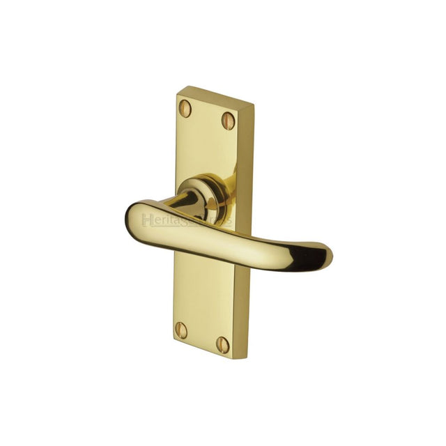 This is an image of a Heritage Brass - Door Handle Lever Latch Windsor Short Design Polished Brass Finish, v710-pb that is available to order from T.H Wiggans Ironmongery in Kendal.