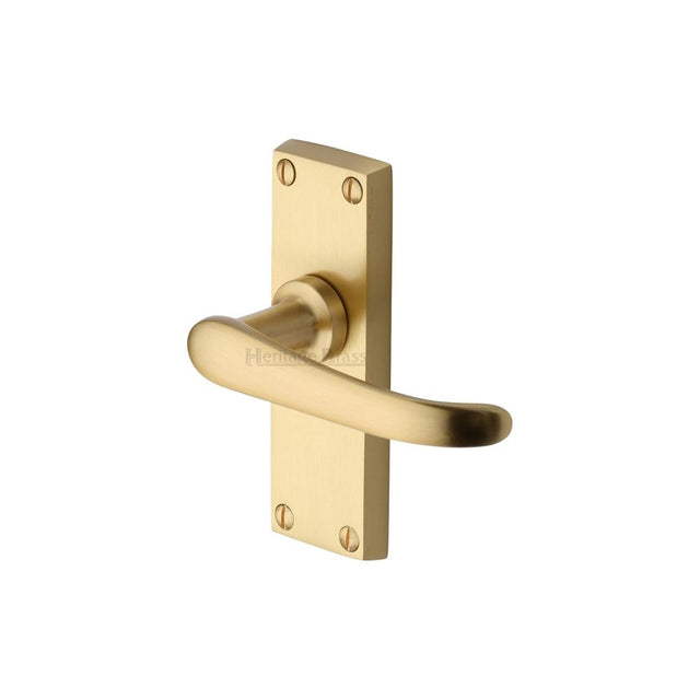 This is an image of a Heritage Brass - Door Handle Lever Latch Windsor Short Design Satin Brass Finish, v710-sb that is available to order from T.H Wiggans Ironmongery in Kendal.
