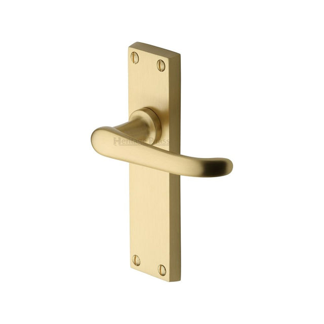 This is an image of a Heritage Brass - Door Handle Lever Latch Windsor Design Satin Brass Finish, v713-sb that is available to order from T.H Wiggans Ironmongery in Kendal.