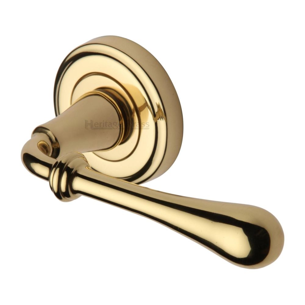 This is an image of a Heritage Brass - Door Handle Lever Latch on Round Rose Roma Design Polished Brass Fi, v7155-pb that is available to order from T.H Wiggans Ironmongery in Kendal.