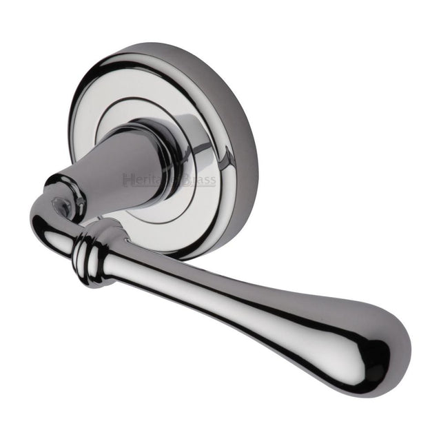 This is an image of a Heritage Brass - Door Handle Lever Latch on Round Rose Roma Design Polished Chrome F, v7155-pc that is available to order from T.H Wiggans Ironmongery in Kendal.