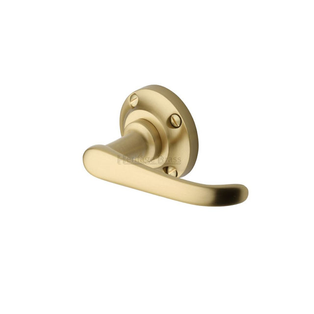 This is an image of a Heritage Brass - Door Handle Lever on Rose Windsor Design Satin Brass Finish, v720-sb that is available to order from T.H Wiggans Ironmongery in Kendal.