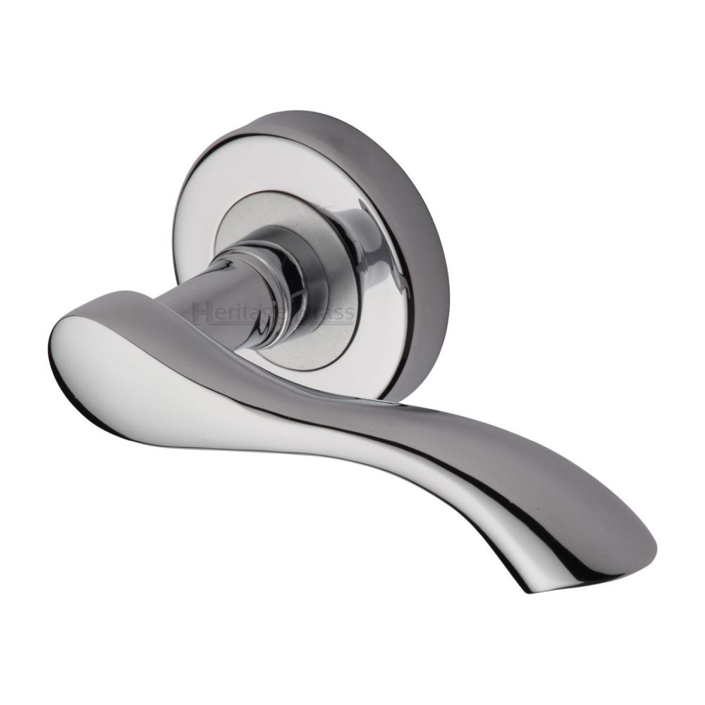 This is an image of a Heritage Brass - Door Handle Lever Latch on Round Rose Algarve Design Polished Chrom, v7210-pc that is available to order from T.H Wiggans Ironmongery in Kendal.