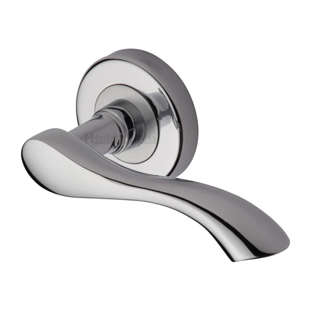 This is an image of a Heritage Brass - Door Handle Lever Latch on Round Rose Algarve Design Polished Chrom, v7210-pc that is available to order from T.H Wiggans Ironmongery in Kendal.