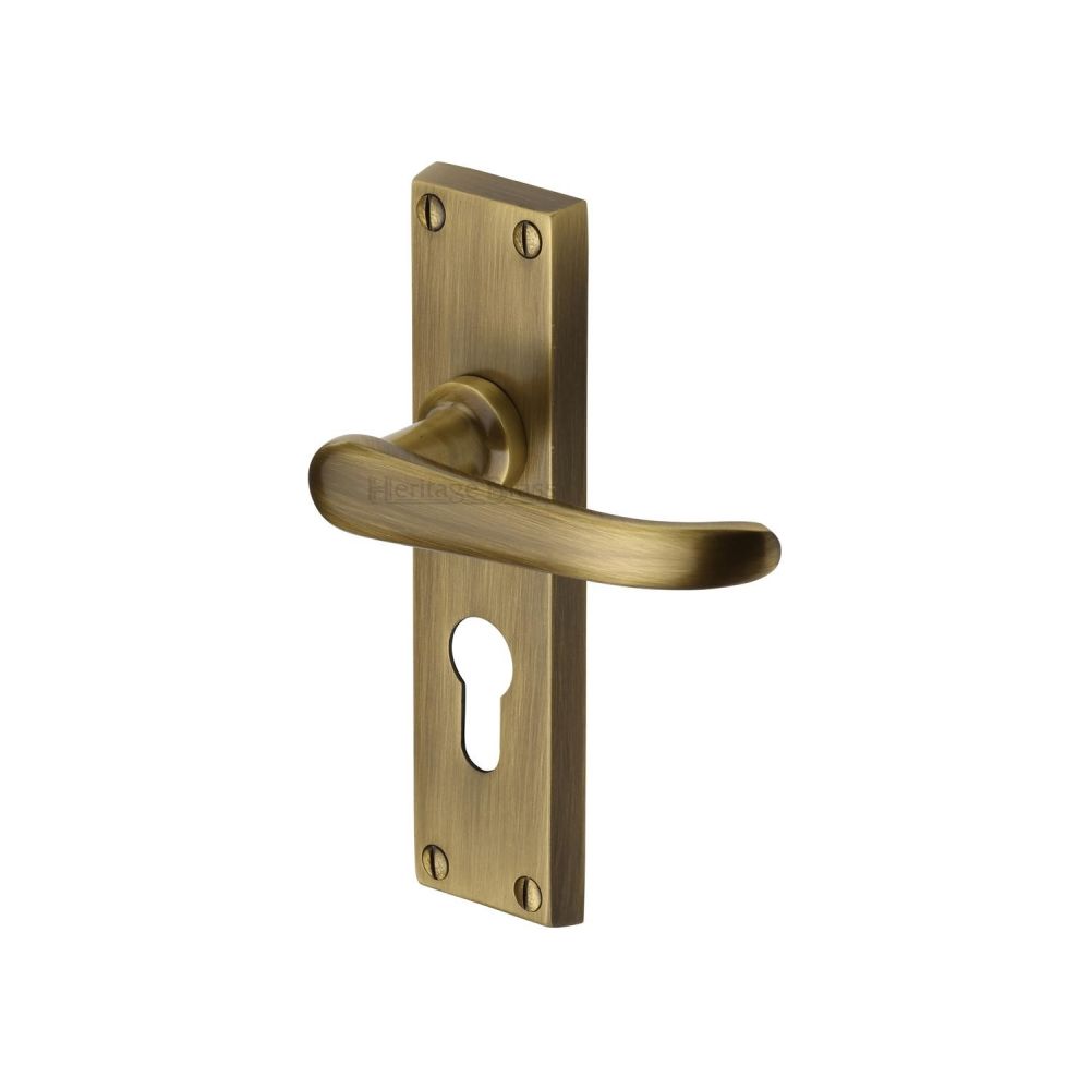 This is an image of a Heritage Brass - Door Handle for Euro Profile Plate Windsor Design Antique Brass Fi, v727-48-at that is available to order from T.H Wiggans Ironmongery in Kendal.