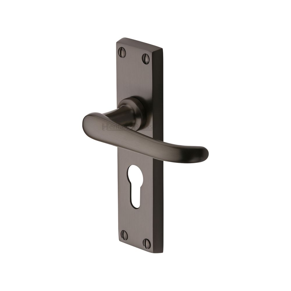 This is an image of a Heritage Brass - Door Handle for Euro Profile Plate Windsor Design Matt Bronze F, v727-48-mb that is available to order from T.H Wiggans Ironmongery in Kendal.
